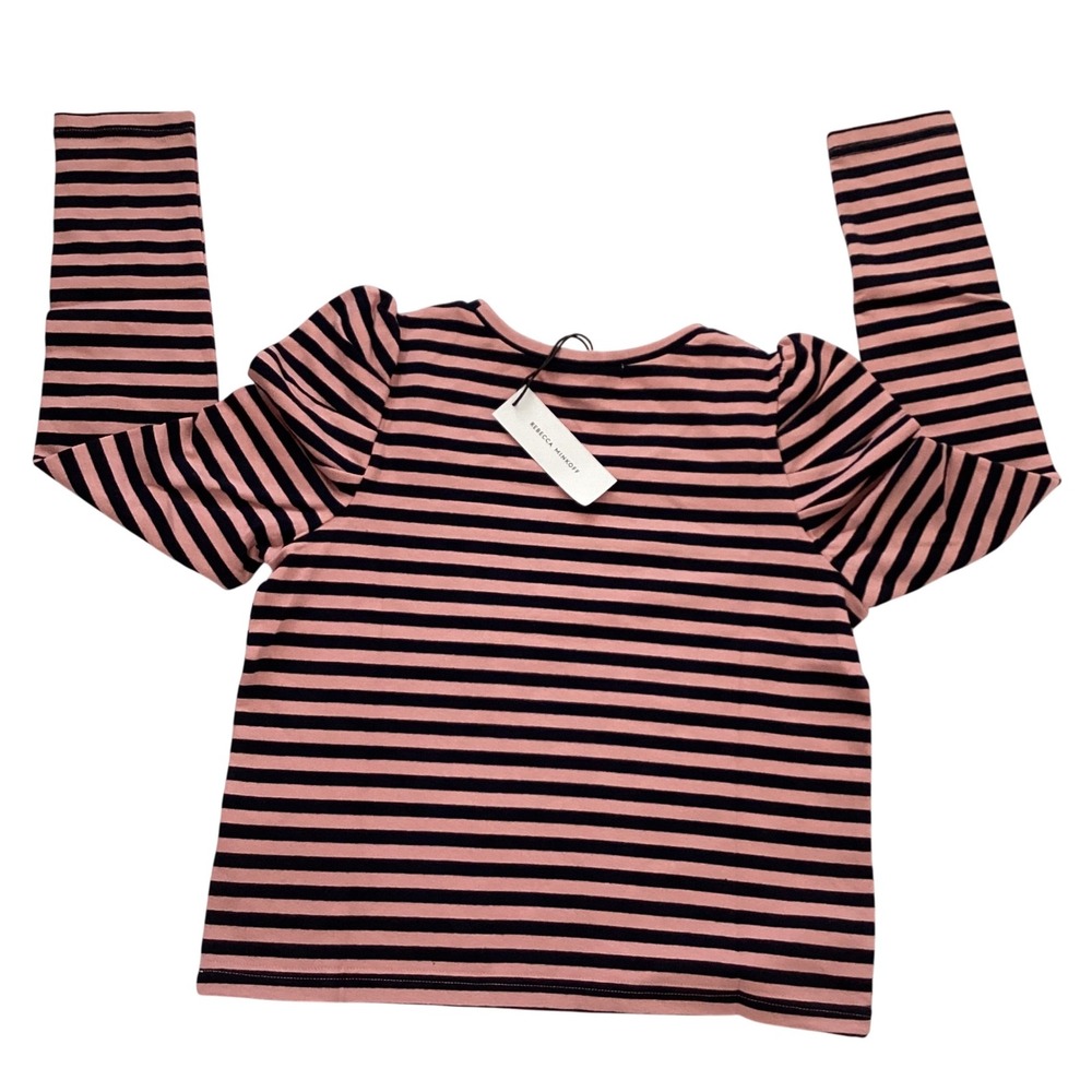 Rebecca Minkoff Cropped Talia Striped Sweatshirt Pink Navy Puff Sleeve XS - Picture 7 of 7